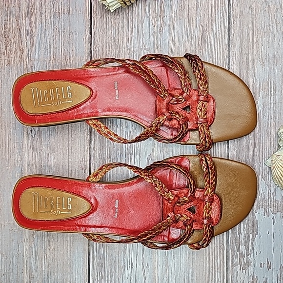 NICKLES RED AND BROWN BRAIDED LEATHER SANDALS - Picture 3 of 13